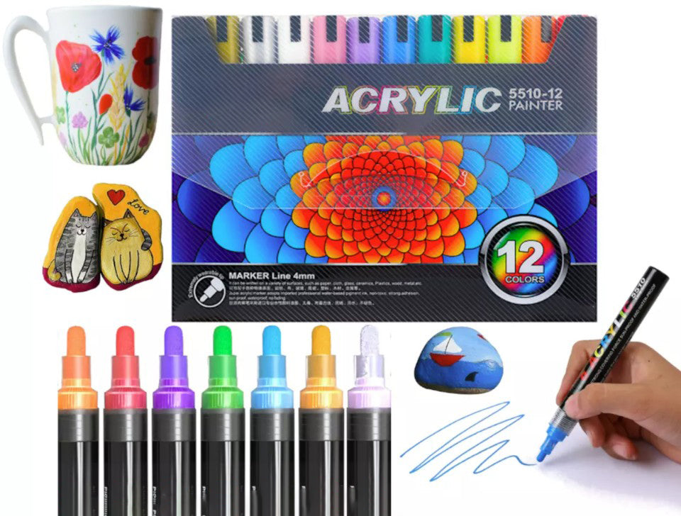 Set 12 de markere cu vopsea acrilica, Zola, varf 4 mm, rezistente la apa, pentru pictura pe hartie, panza, piatra, sticla, lemn, textile si ceramica, uscare rapida, multicolore Set 12 de markere cu vopsea acrilica, Zola, varf 4 mm, rezistente la apa, pentru pictura pe hartie, panza, piatra, sticla, lemn, textile si ceramica, uscare rapida, multicolore
